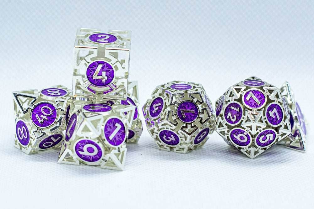 Guardian Silver w/Purple Deadly Arrow Dice | 7-Dice RPG Set High Visibility - 