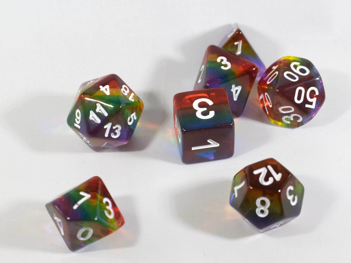 Translucent Rainbow Aurora Poly Dice Set Red Yellow Green Blue (7) New RPG DnD - 