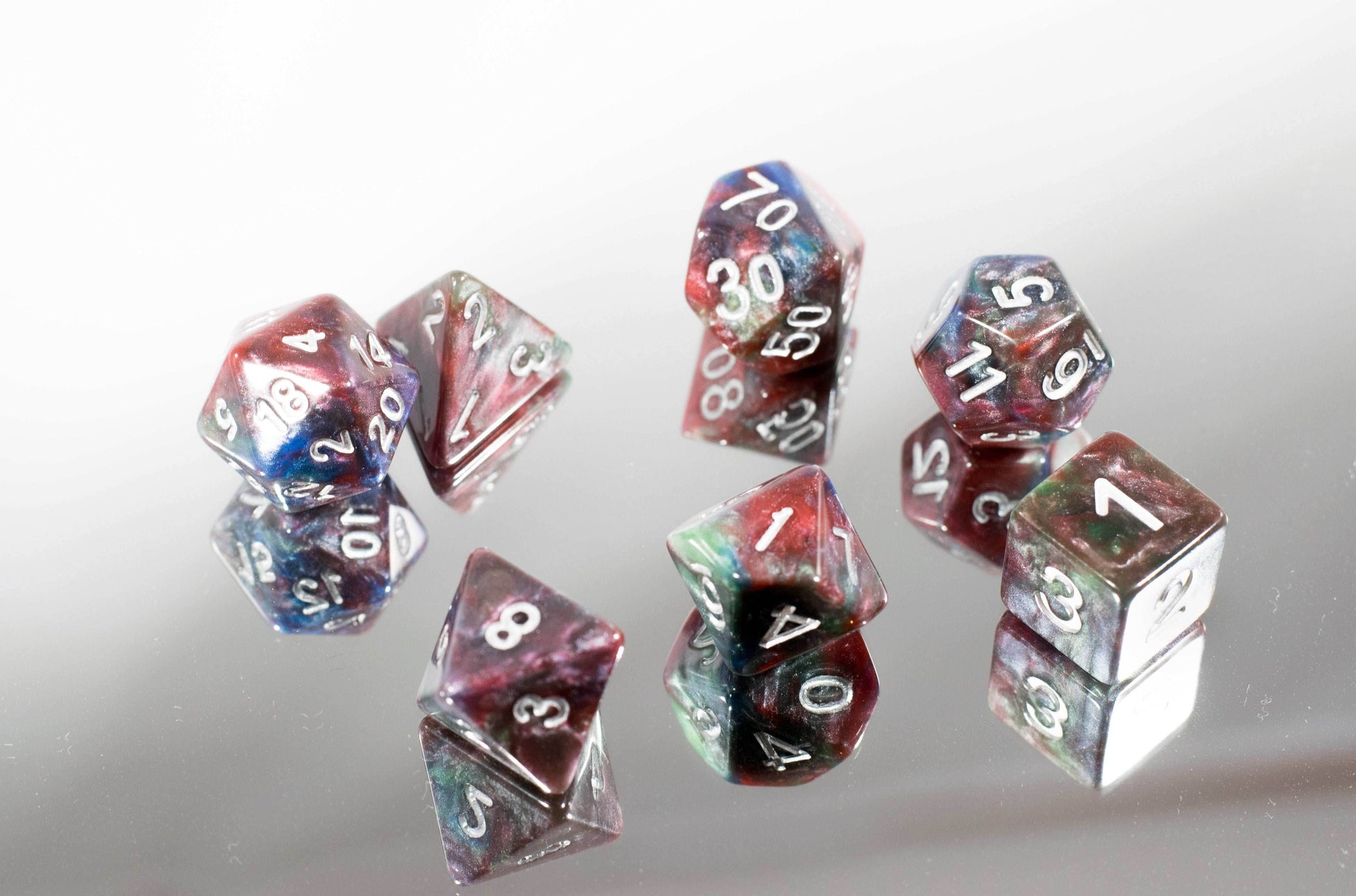 Red/Green/Blue Marbleized Poly Dice Set (7) Green Acrylic Silver Numbers HDdice - 