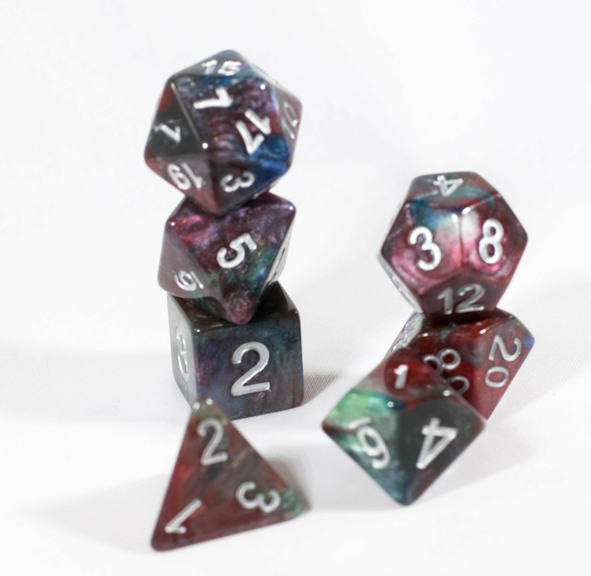 Red/Green/Blue Marbleized Poly Dice Set (7) Green Acrylic Silver Numbers HDdice - 