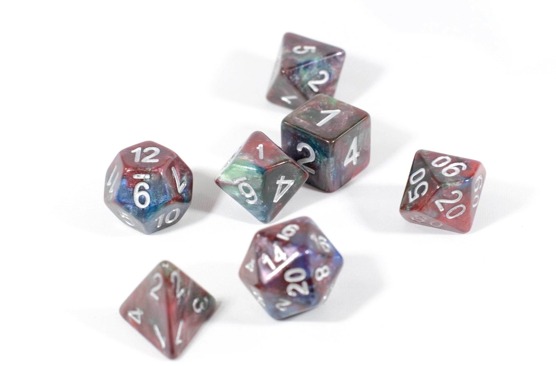 Red/Green/Blue Marbleized Poly Dice Set (7) Green Acrylic Silver Numbers HDdice - 