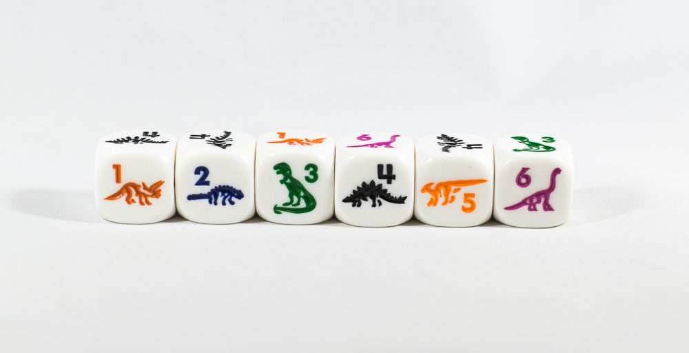 White Dice with Dinosaurs 6 Sided Bunco RPG D6 16mm Roll Kids School - 
