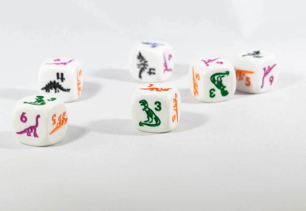 White Dice with Dinosaurs 6 Sided Bunco RPG D6 16mm Roll Kids School - 