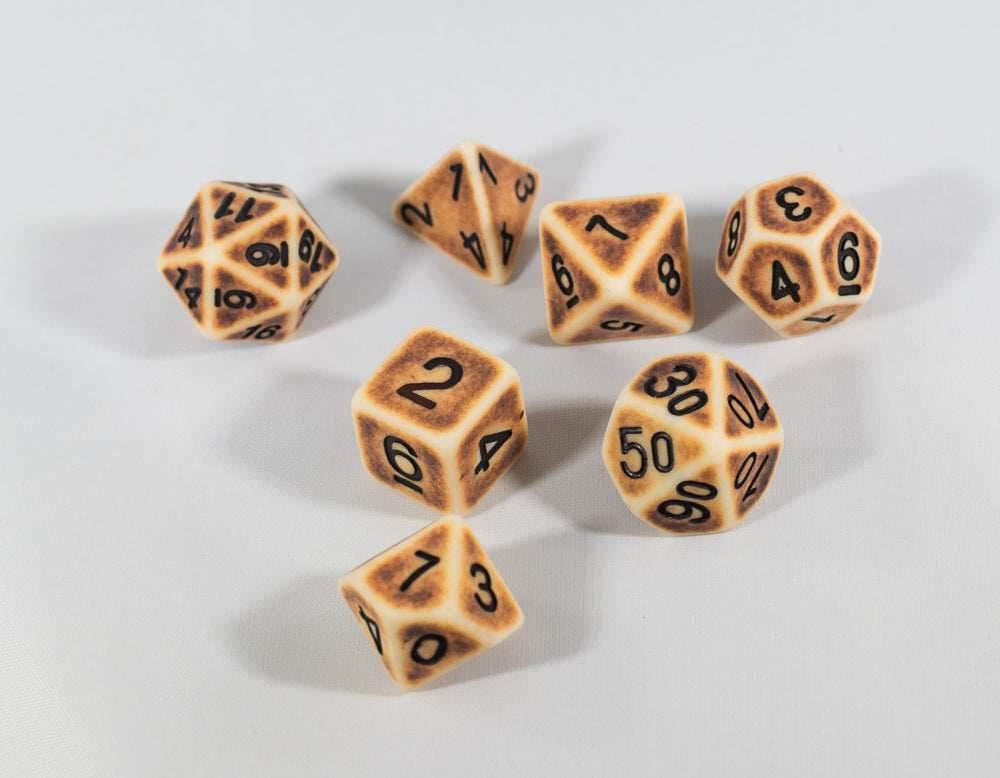 Ancient Tan with Faux Brown Wearing Poly Dice Set (7) Tan Acrylic Black Numbers HDdice - 