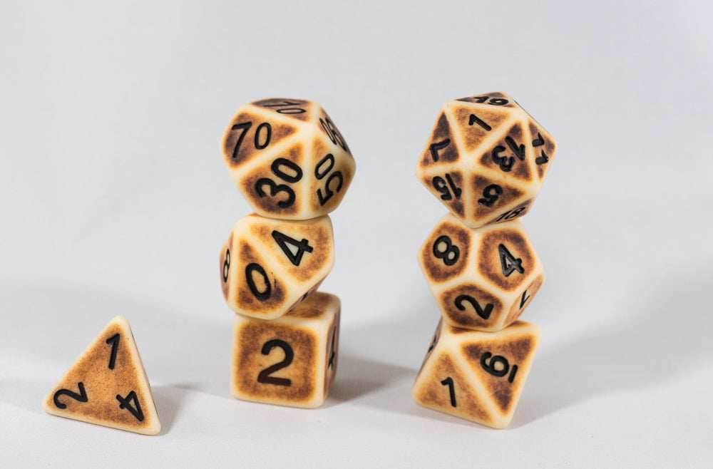 Ancient Tan with Faux Brown Wearing Poly Dice Set (7) Tan Acrylic Black Numbers HDdice - 