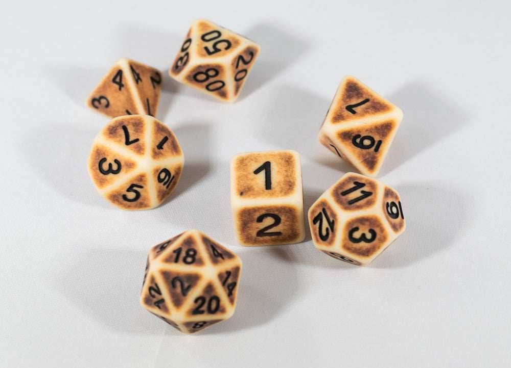 Ancient Tan with Faux Brown Wearing Poly Dice Set (7) Tan Acrylic Black Numbers HDdice - 