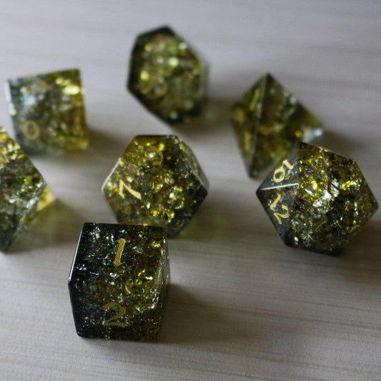 Dark Sun (Green And Yellow) Forge Fire Glass DND Dice Set - Full Set and Free Dice Box