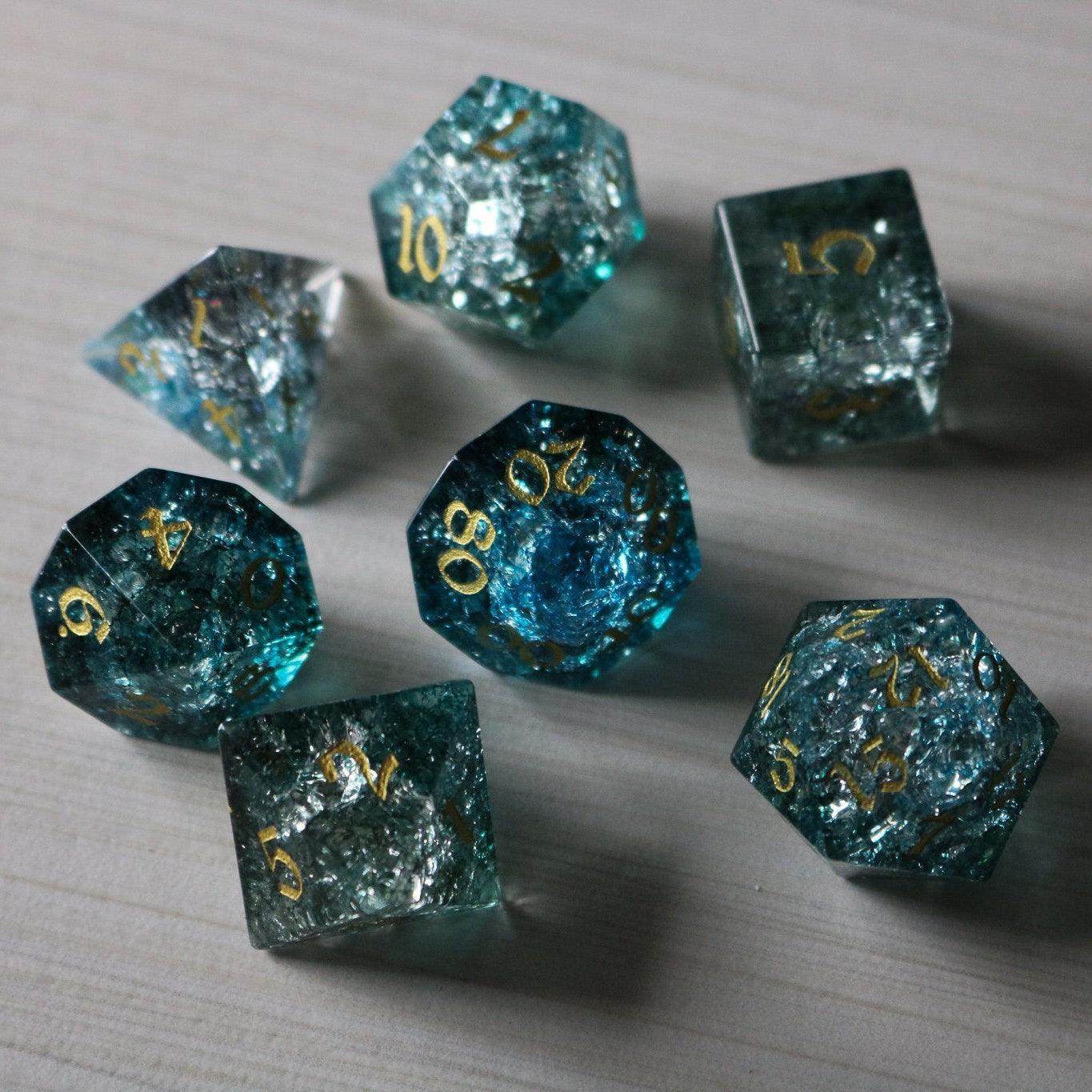 Dark Waters Forge Fire Glass Blue DND Dice Set - Full Set With Box
