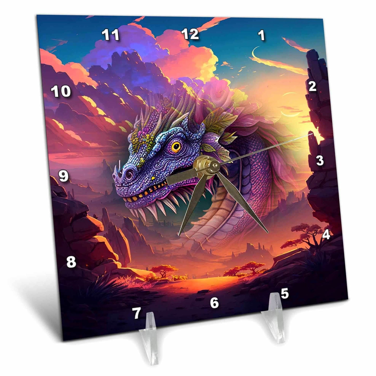 Desk Clock - Wicked dragon and abstract mountain background Fantasy - 6x6 Desk Clock