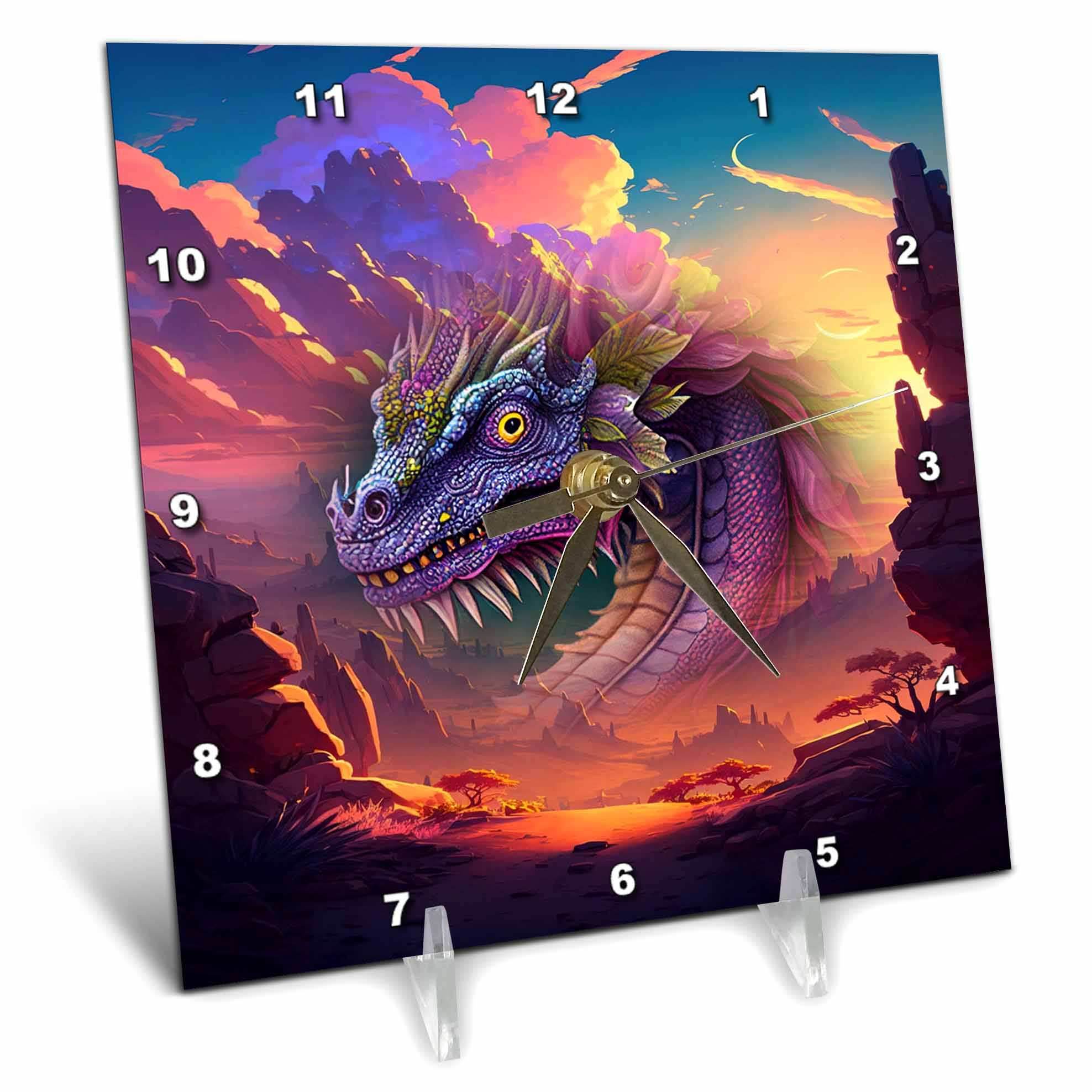 Desk Clock - Wicked dragon and abstract mountain background Fantasy - 6x6 Desk Clock