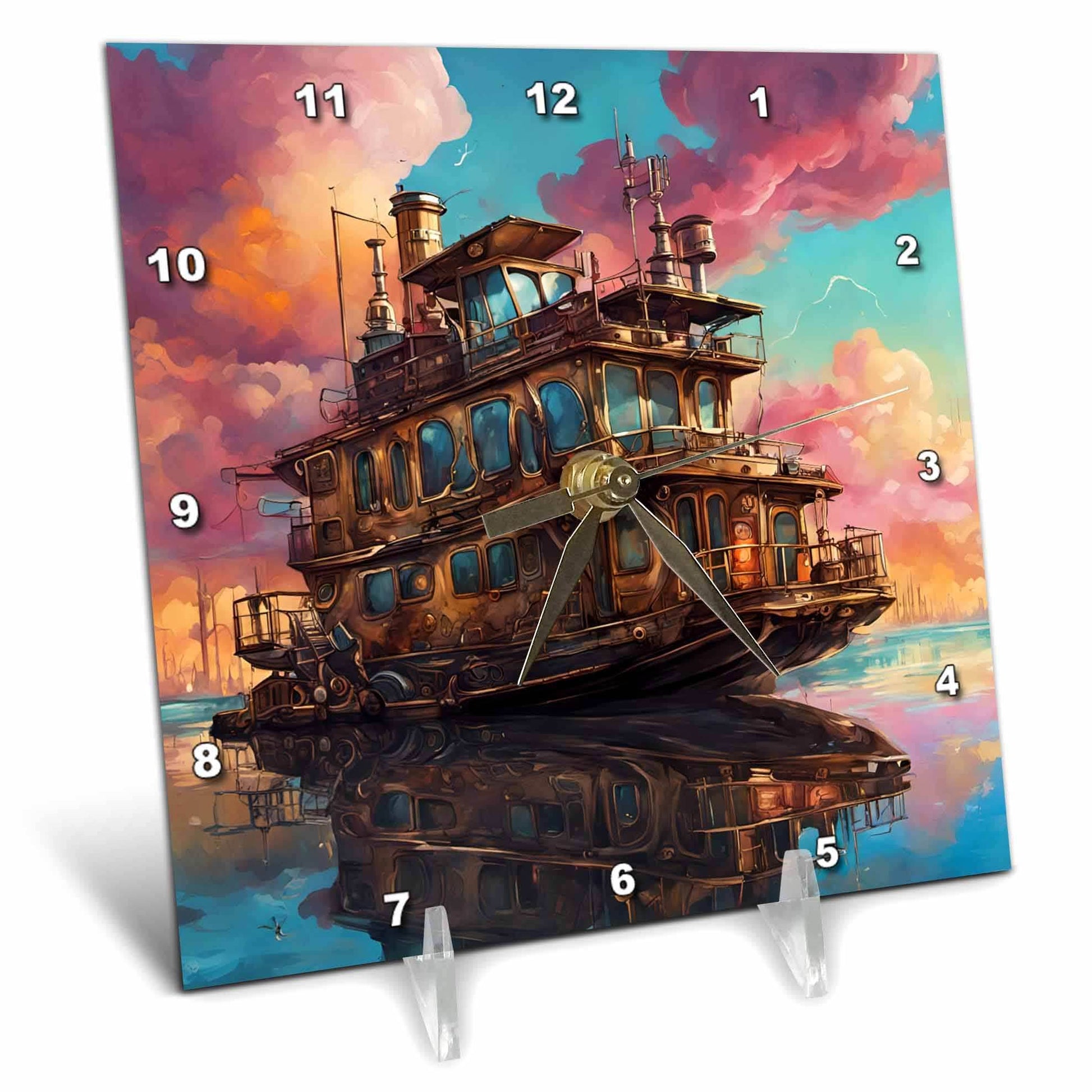 Desk Clock - Steampunk Fantasy Houseboat Digital Art - 6x6 Desk Clock