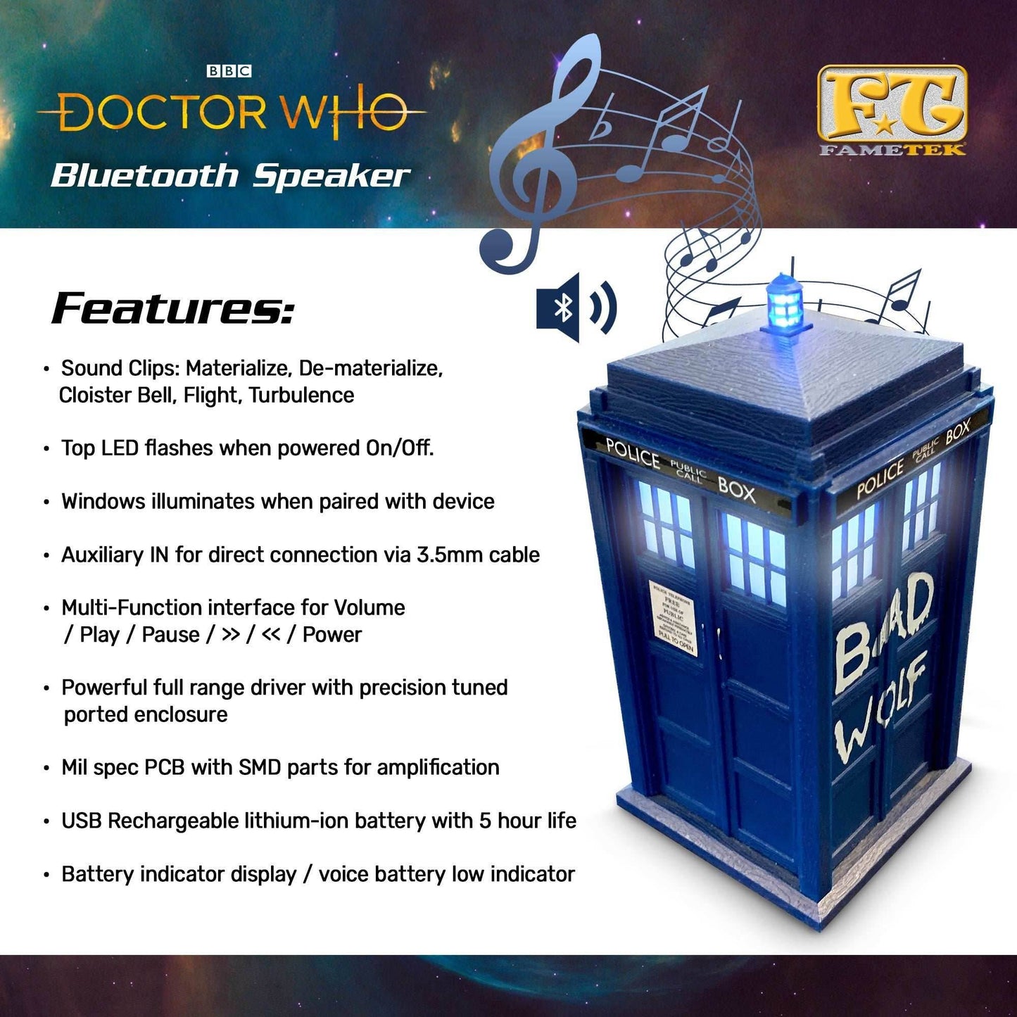 Doctor Who BAD WOLF TARDIS Portable Bluetooth® Speaker with LED’s and Sound Effects - 