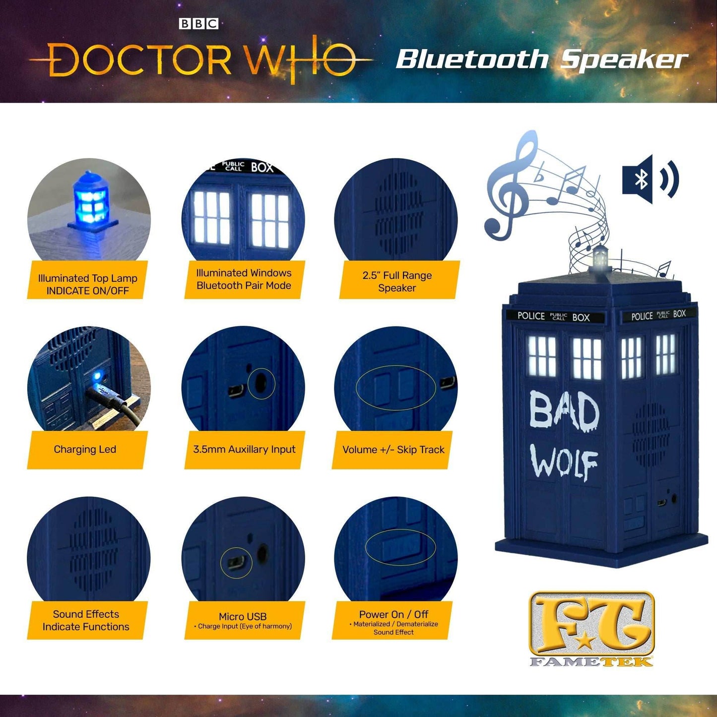 Doctor Who BAD WOLF TARDIS Portable Bluetooth® Speaker with LED’s and Sound Effects - 