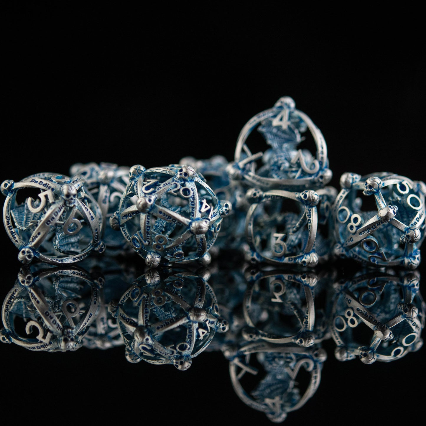 Draco Immortui Hollow Metal Dice Set - Aqua and Silver - 