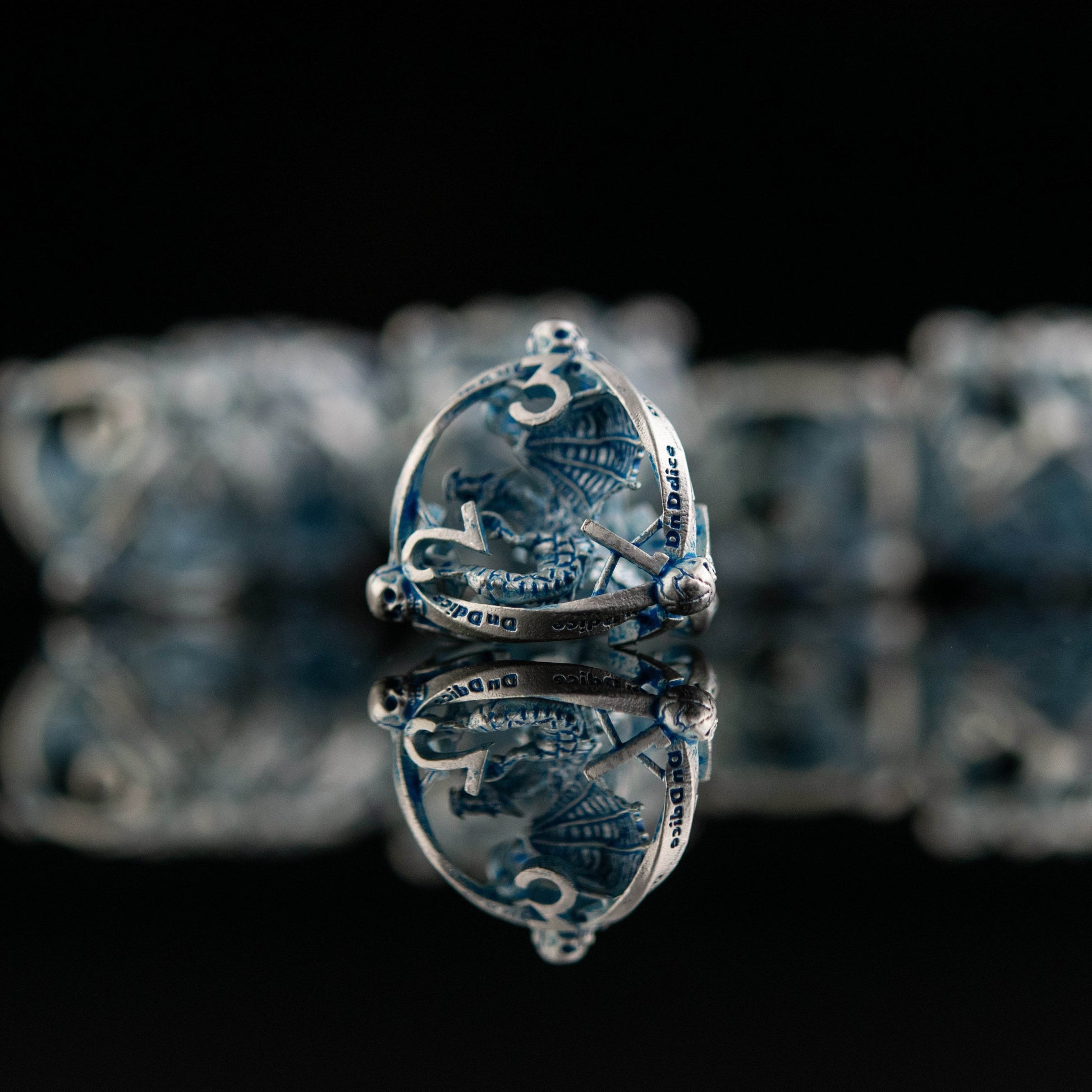 Draco Immortui Hollow Metal Dice Set - Aqua and Silver - 