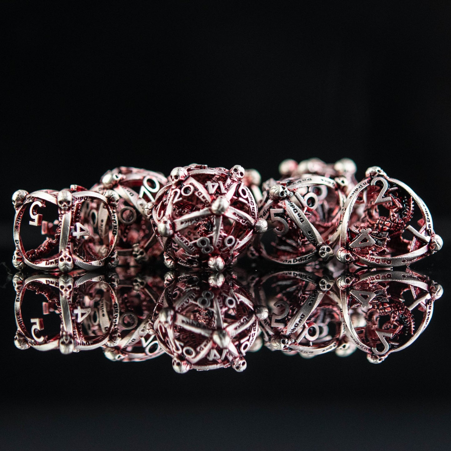 Draco Immortui Hollow Metal Dice Set - Red and Silver - 