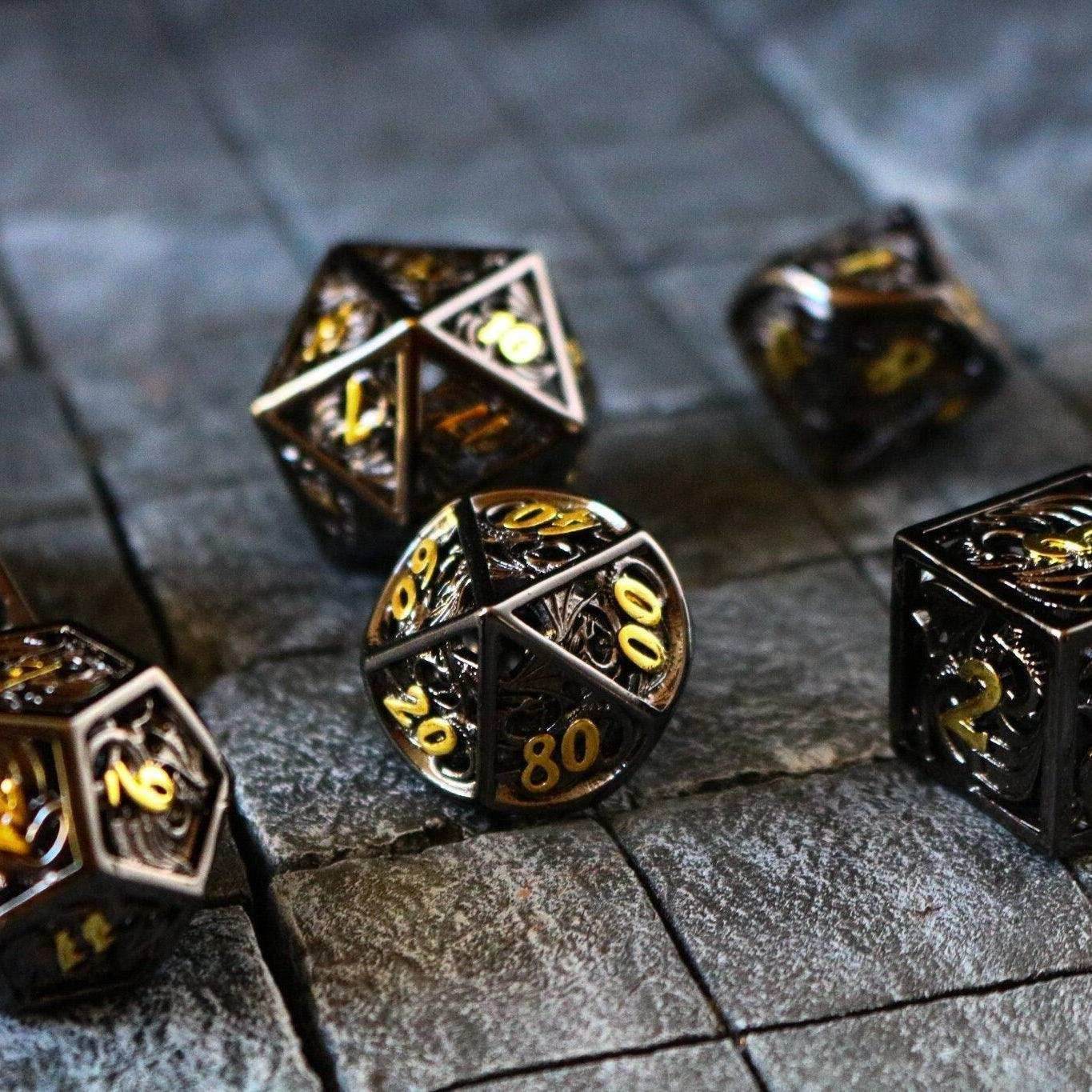 Dragon Flight Black/Gold Hollow Metal DND Dice Set - Only 1 D20