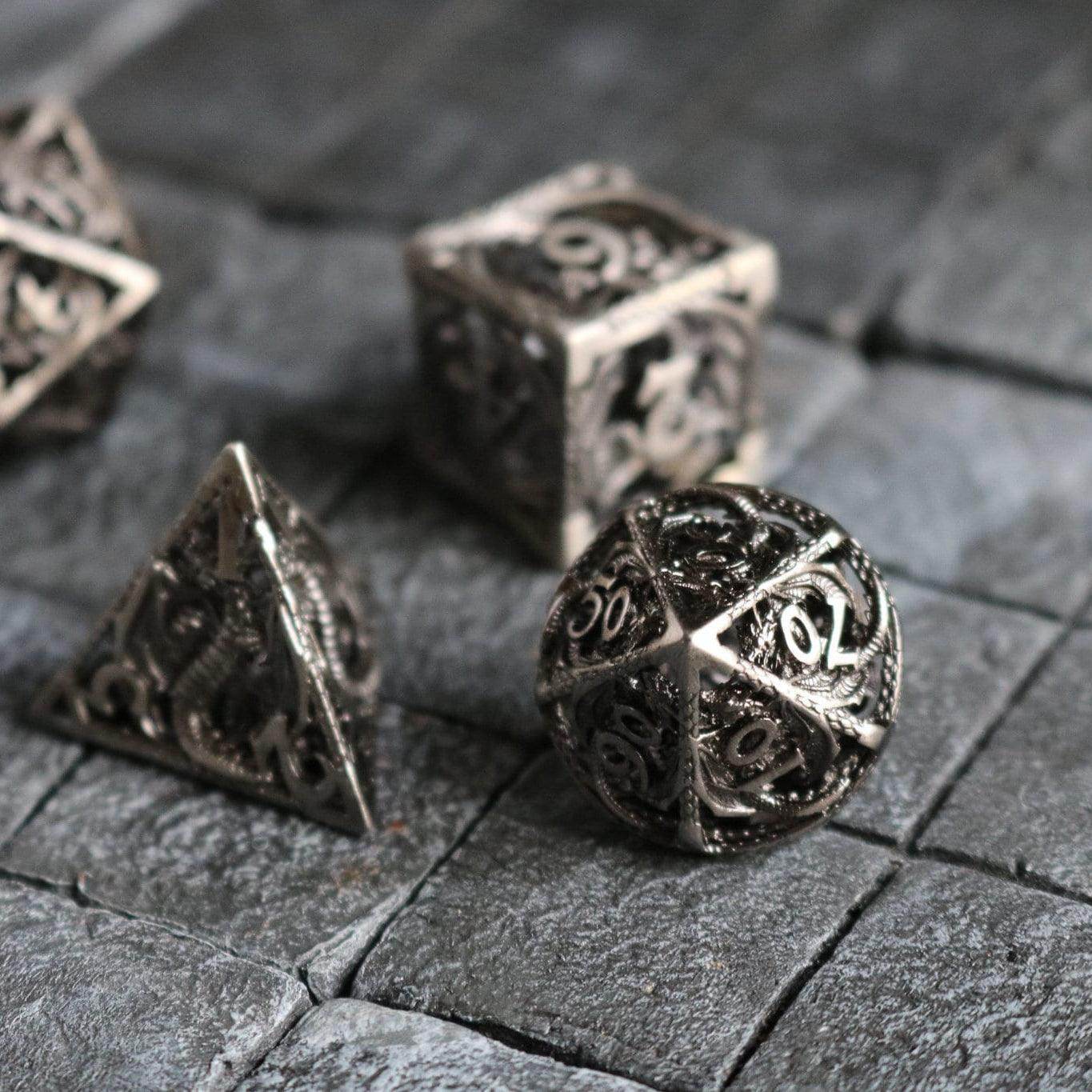 Dragon Hollow Metal DND Dice Set - Full Set and Free Dice Box