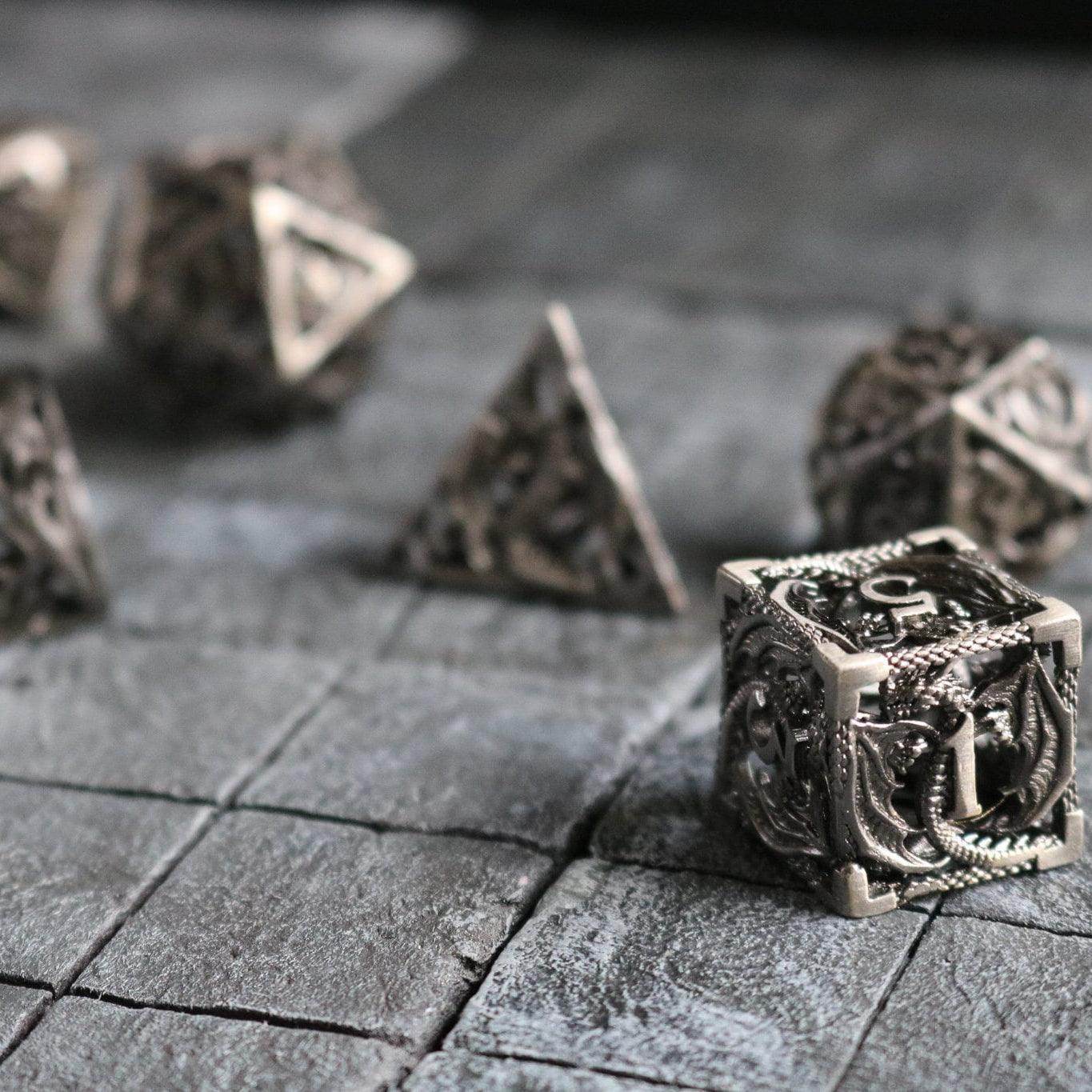 Dragon Hollow Metal DND Dice Set - Full Set and Free Dice Box