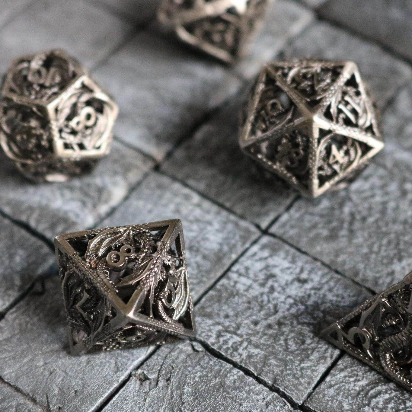 Dragon Hollow Metal DND Dice Set - Full Set and Free Dice Box