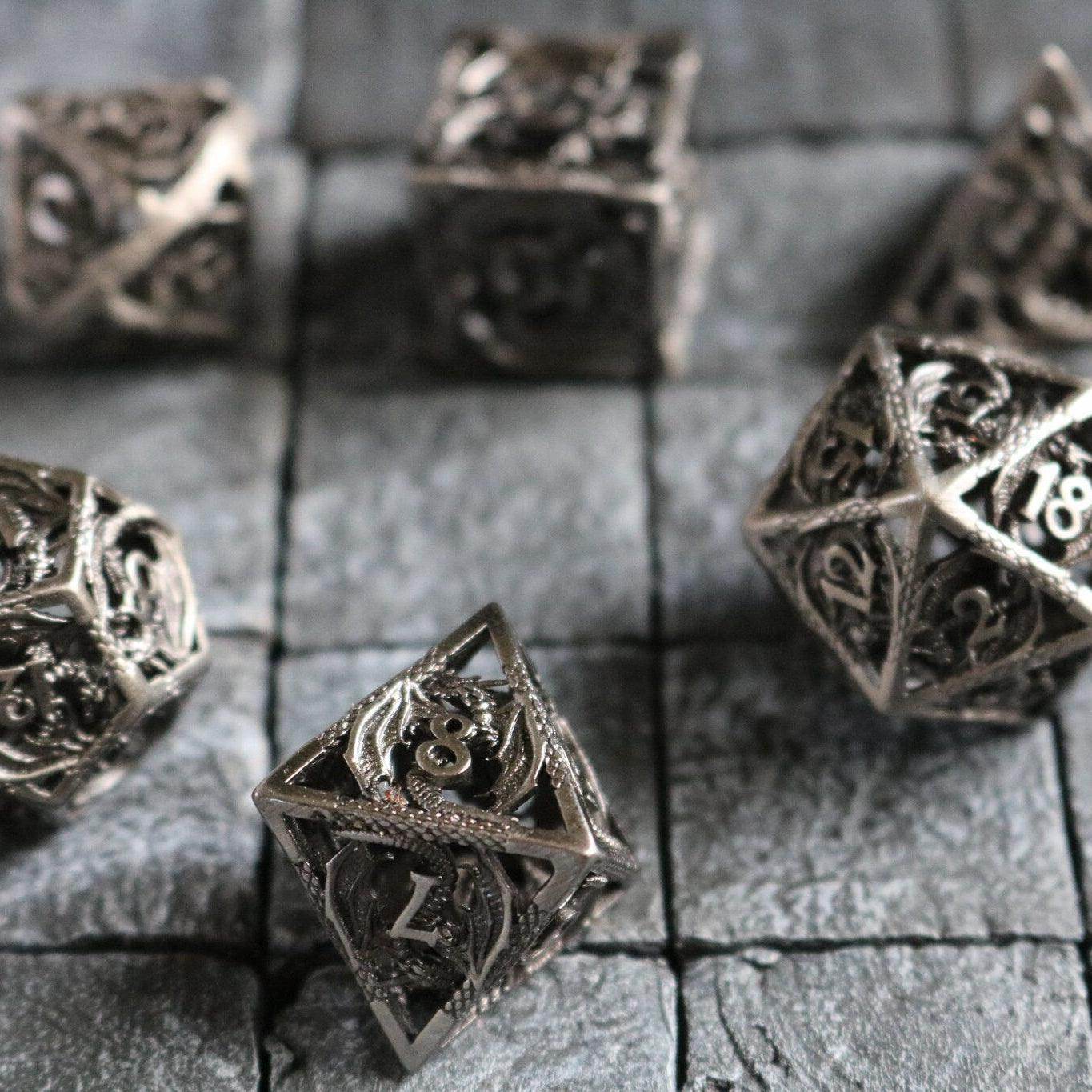 Dragon Hollow Metal DND Dice Set - Full Set and Free Dice Box
