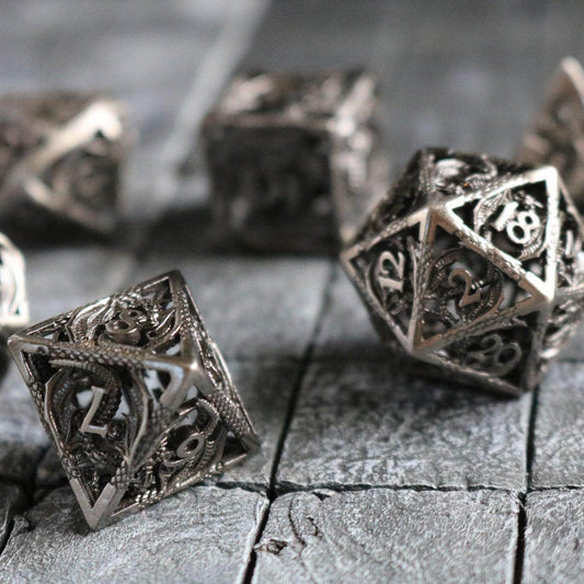 Dragon Hollow Metal DND Dice Set - Full Set and Free Dice Box
