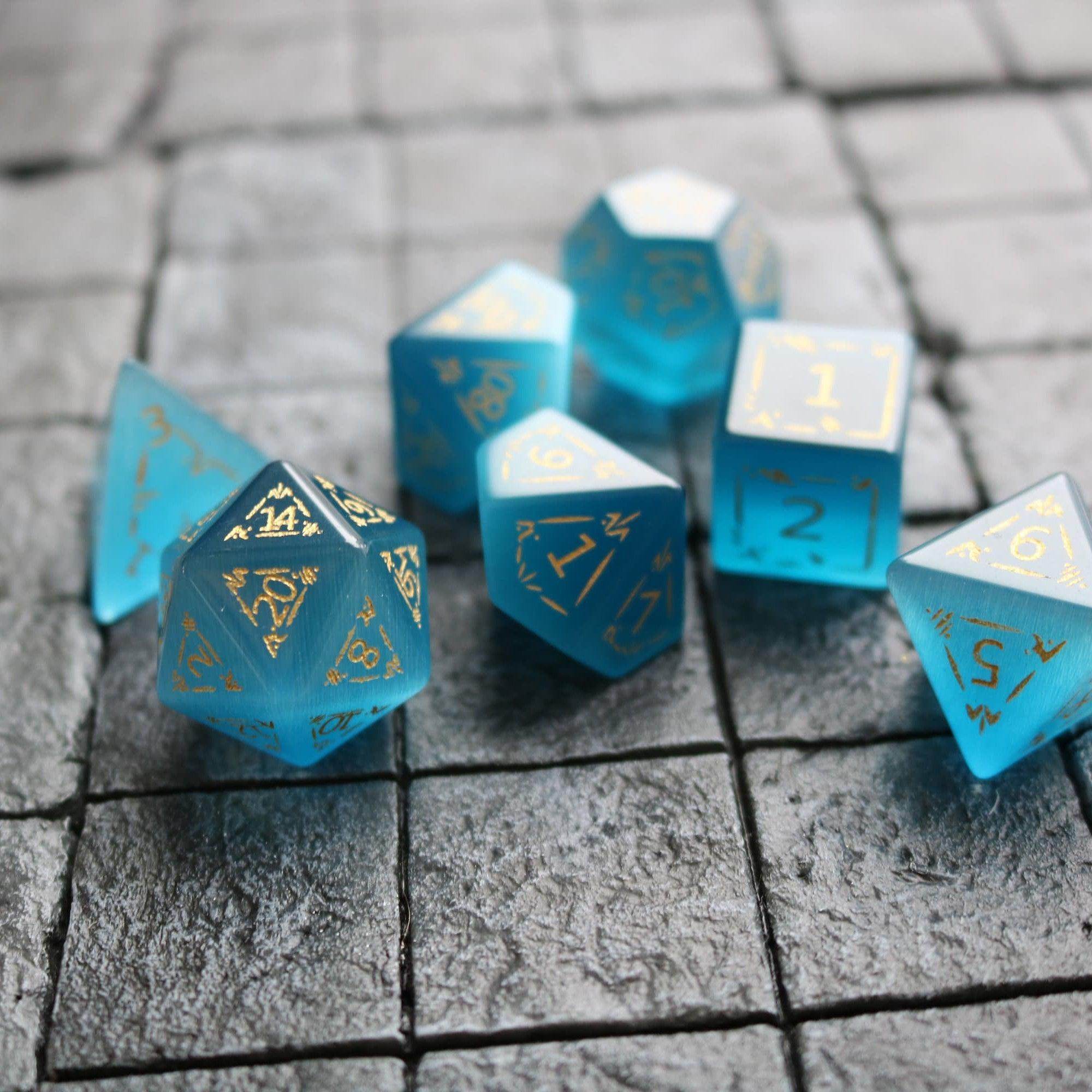 Dragon Shield Blue Cats Eye Stone Gemstone DND Dice Set - Full Set And Free Dice Box