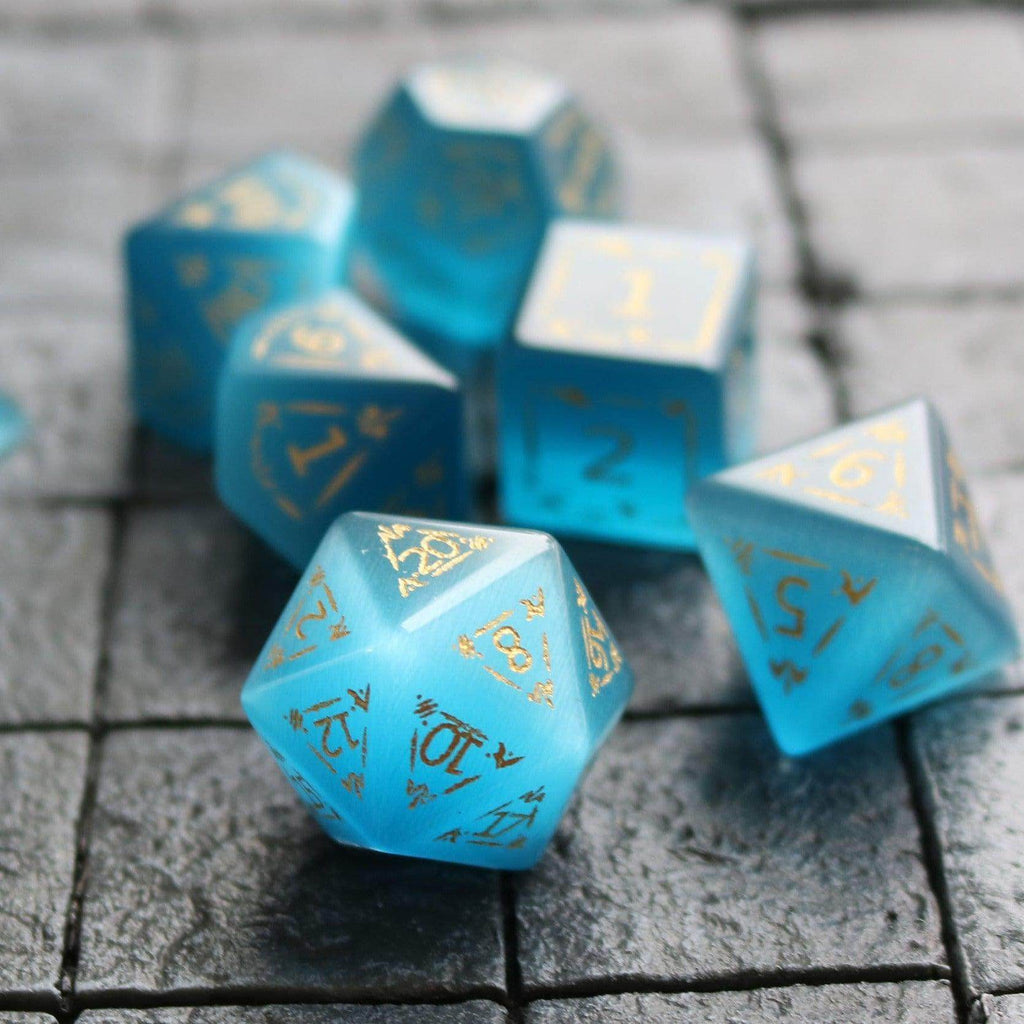Dragon Shield Blue Cats Eye Stone Gemstone DND Dice Set - Full Set And Free Dice Box