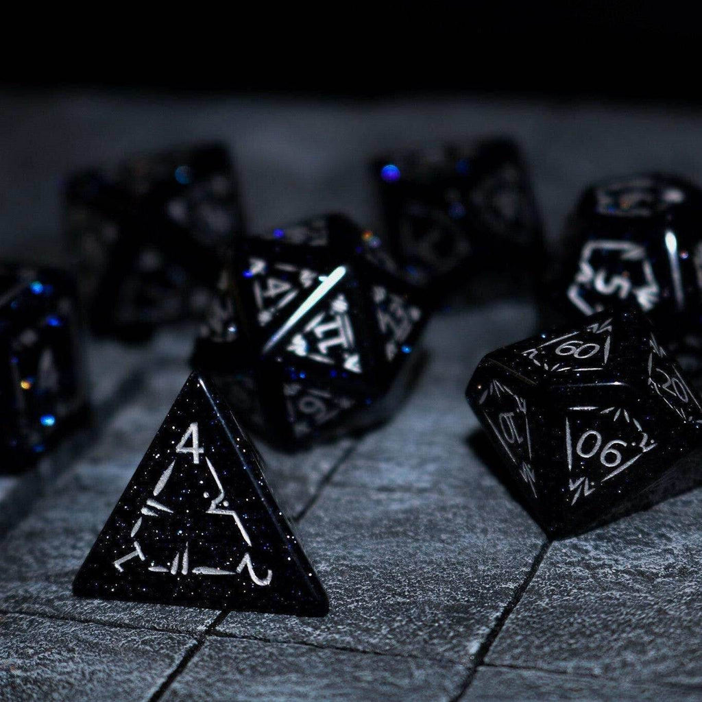 Dragon Shield Blue Sandstone (Silver Font) Gemstone DND Dice Set - Full Set And Free Dice Box