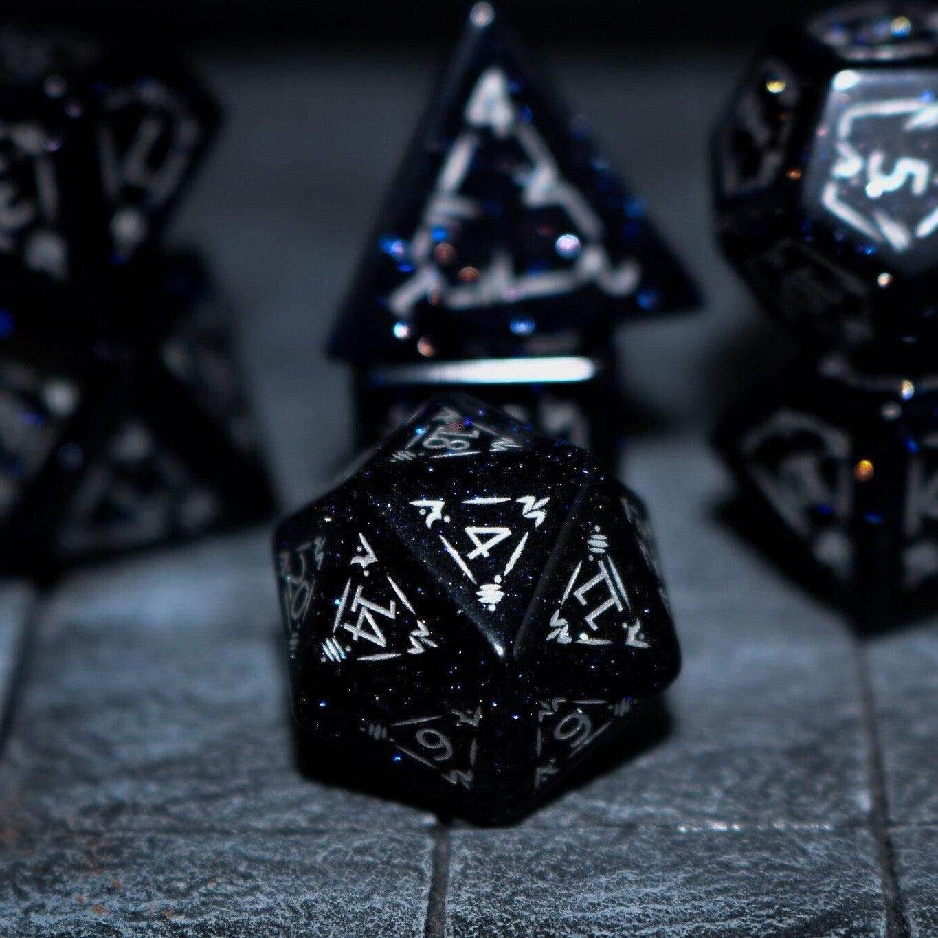Dragon Shield Blue Sandstone (Silver Font) Gemstone DND Dice Set - Full Set And Free Dice Box