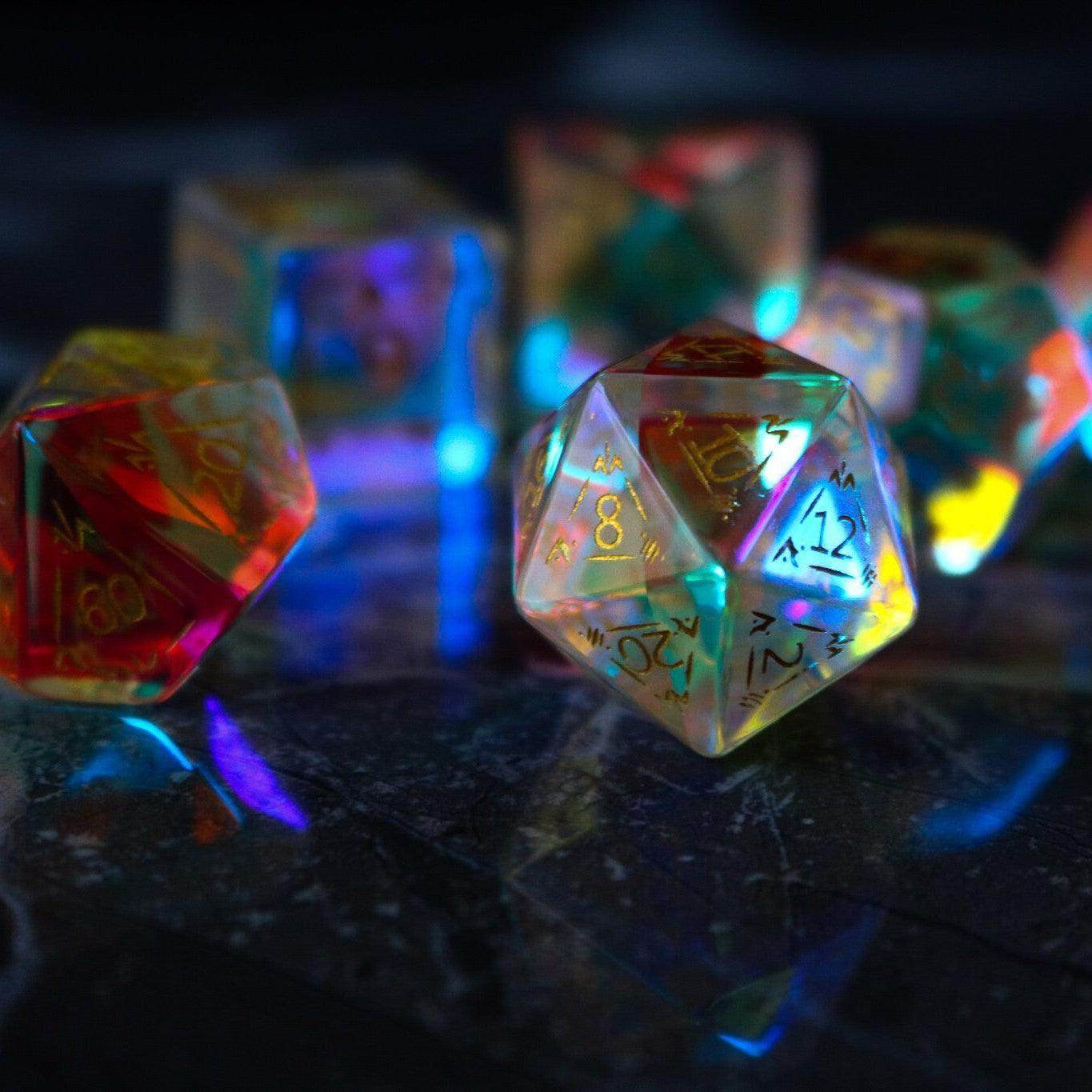 Dragon Shield Gemstone Dichroic Glass DND Dice Set - Full Set And Free Dice Box
