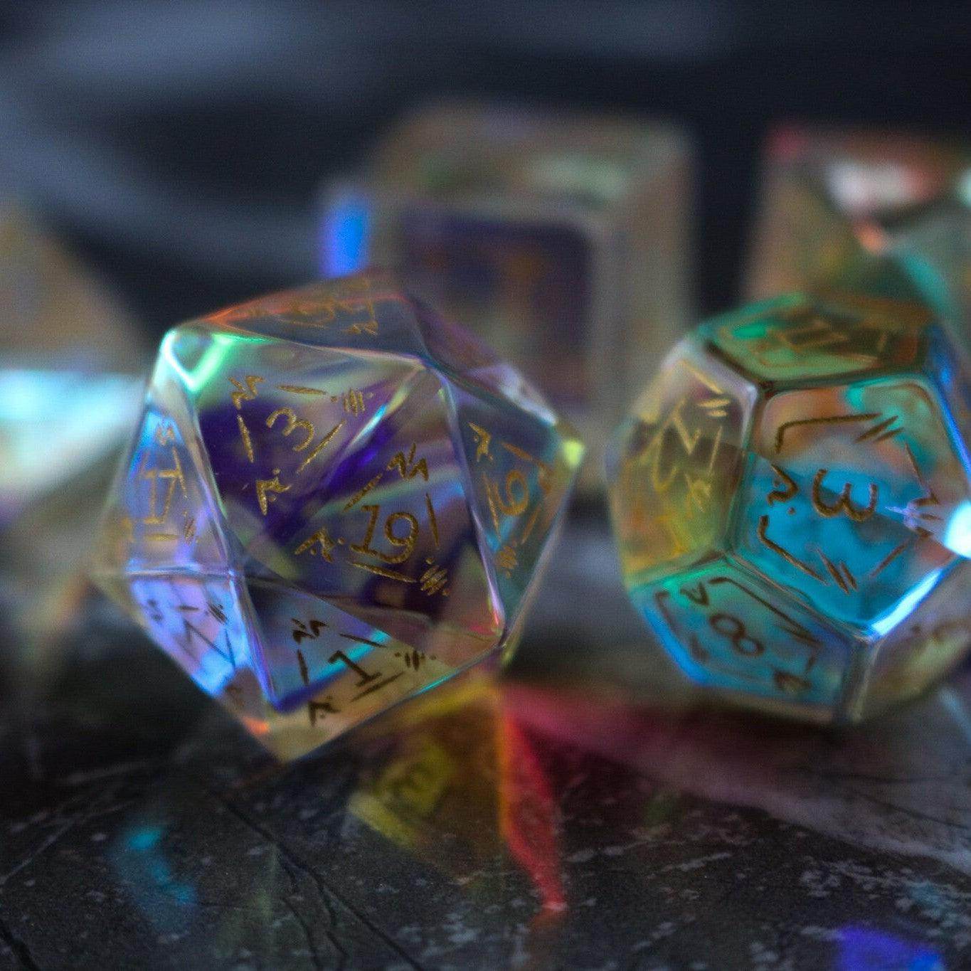 Dragon Shield Gemstone Dichroic Glass DND Dice Set - Full Set And Free Dice Box