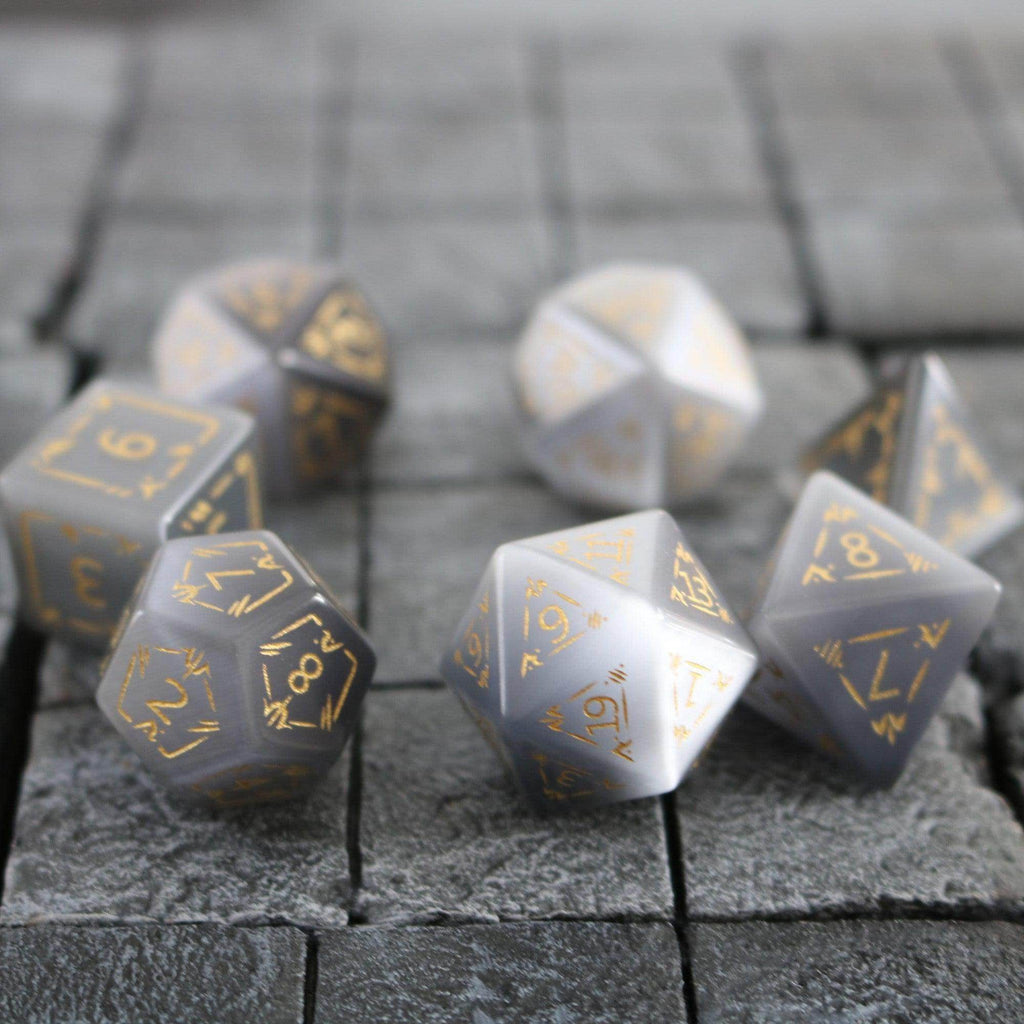Dragon Shield Gray Cats Eye Gemstone DND Dice Set - Full Set And Box