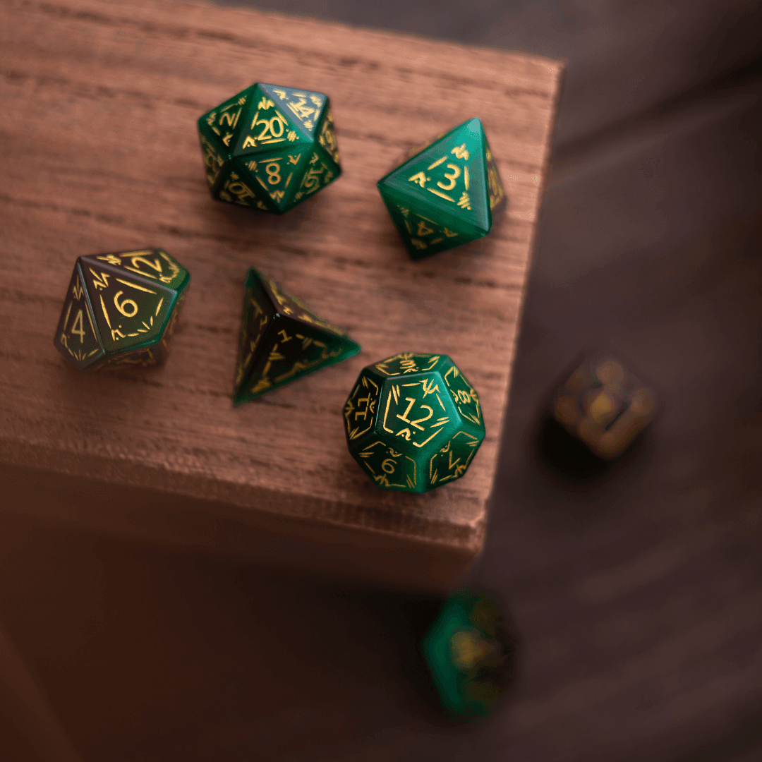 Dragon Shield Green Cats Eye Stone Gemstone DND Dice Set - Full Set And Free Dice Box