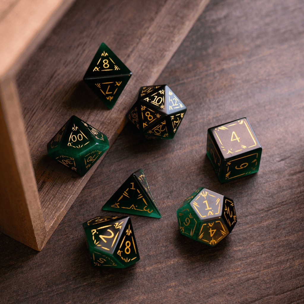 Dragon Shield Green Cats Eye Stone Gemstone DND Dice Set - Full Set And Free Dice Box