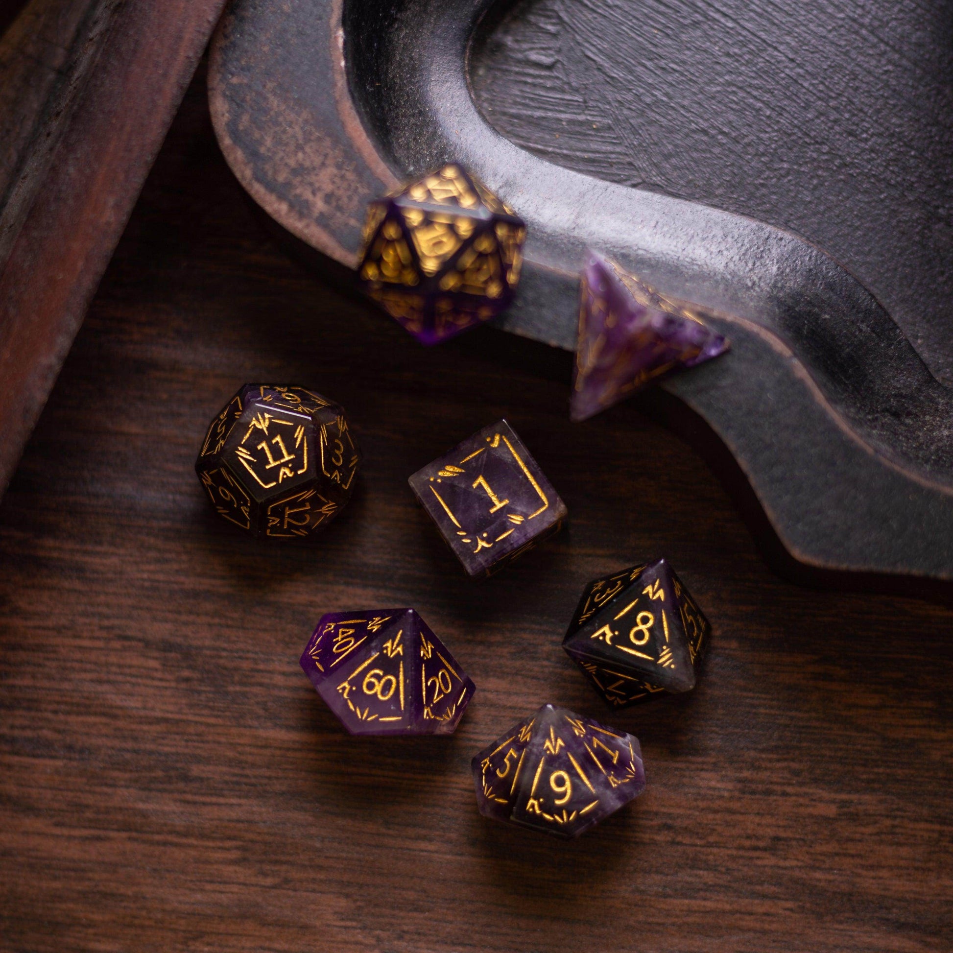 Dragon Shield Purple Amethyst Gemstone DND Dice Set - Full Set And Free Dice Box