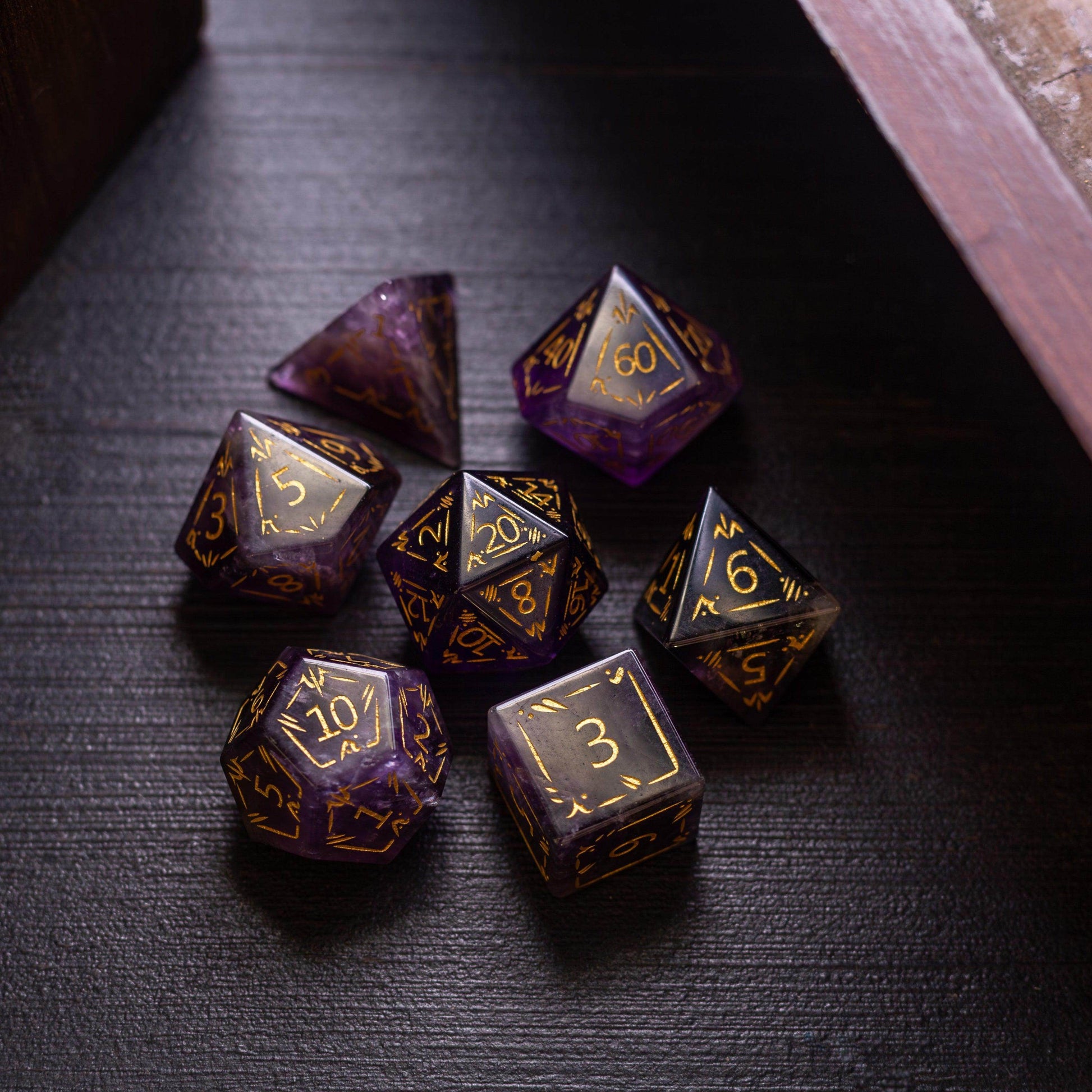 Dragon Shield Purple Amethyst Gemstone DND Dice Set - Full Set And Free Dice Box