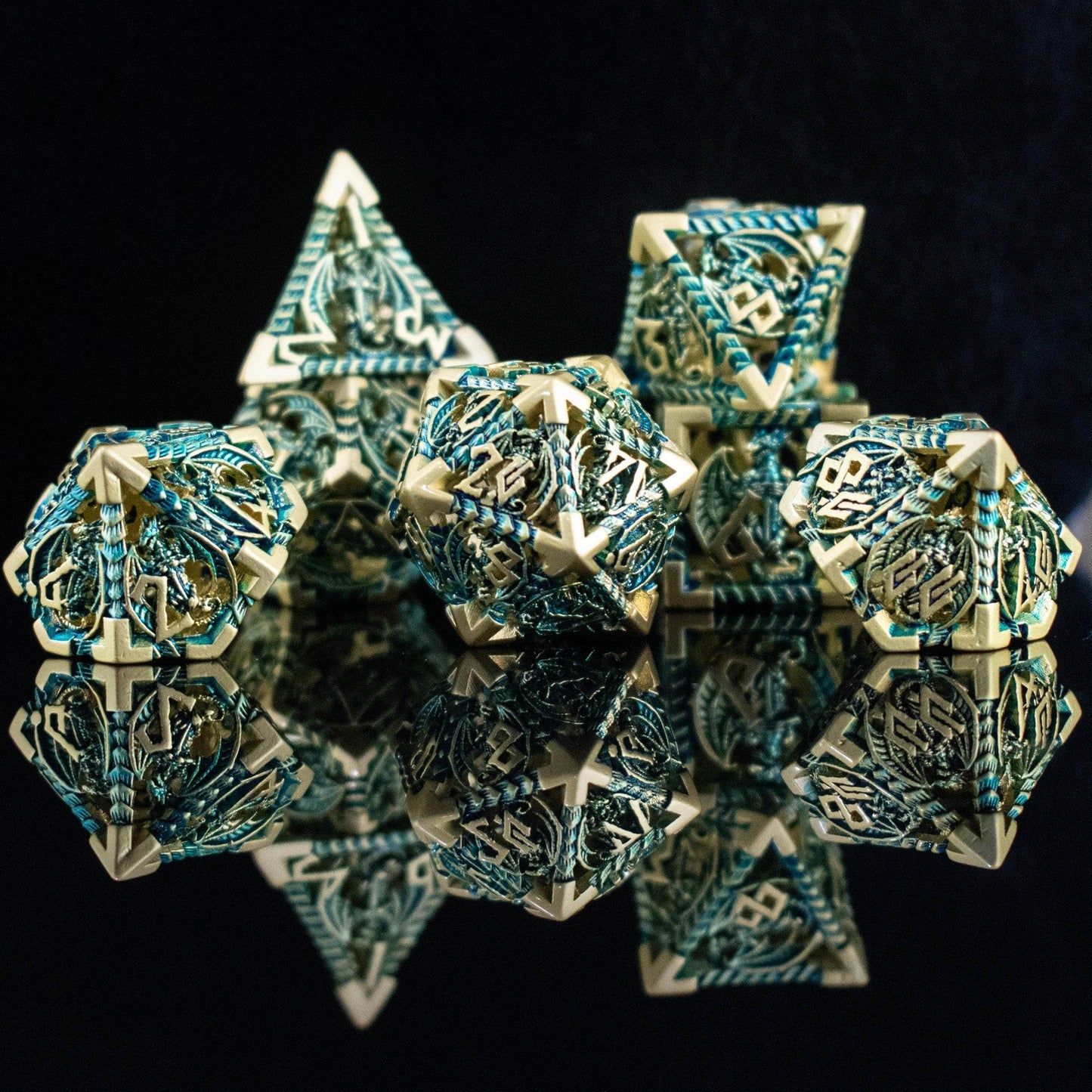 Dragonguard Hollow Metal Dice Set - Azure and Gold - 