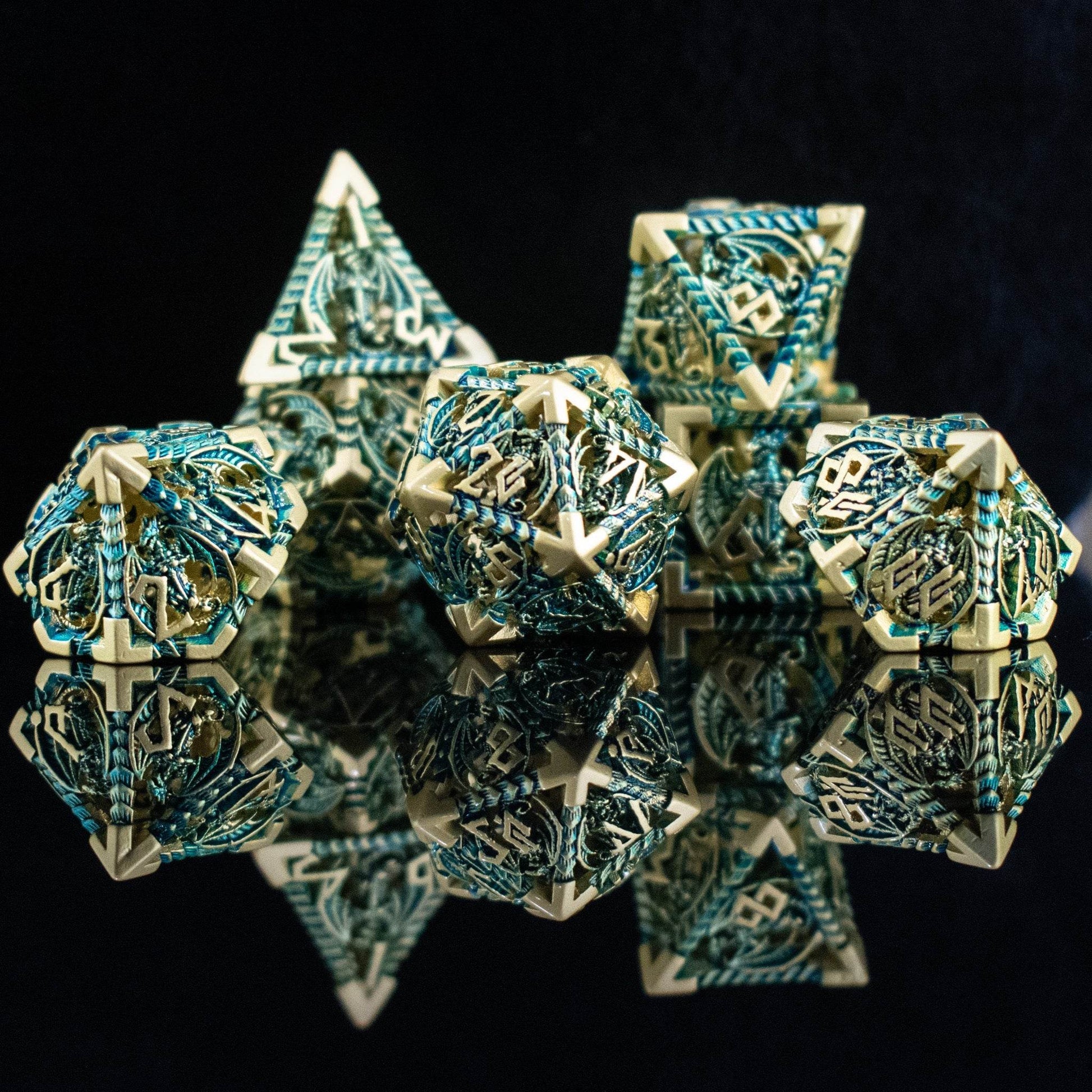 Dragonguard Hollow Metal Dice Set - Azure and Gold - 