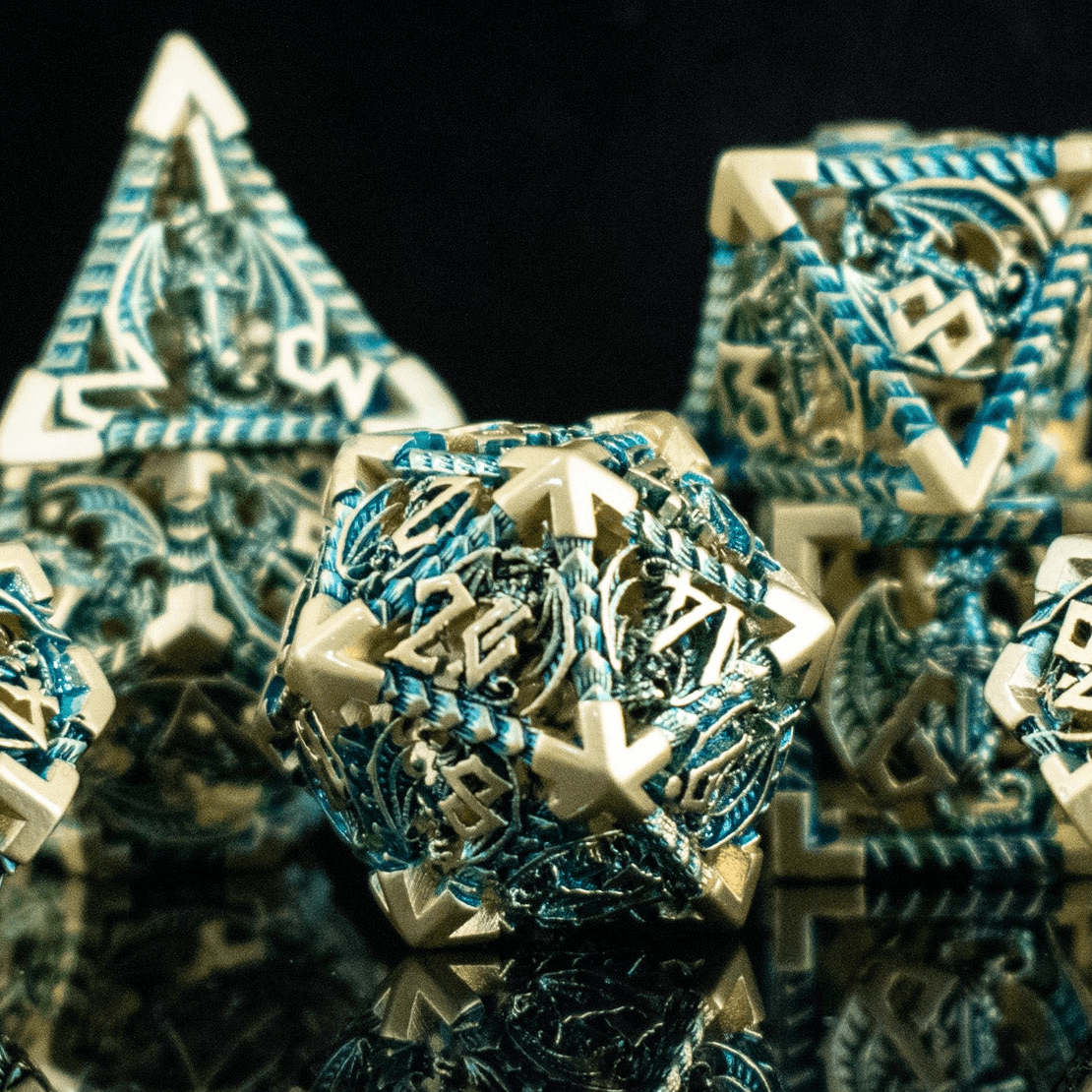 Dragonguard Hollow Metal Dice Set - Azure and Gold - 