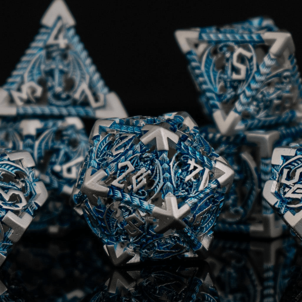 Dragonguard Hollow Metal Dice Set - Azure and Silver - 