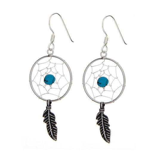 Dreamcatcher Earrings with Dangling Feather and bead - 