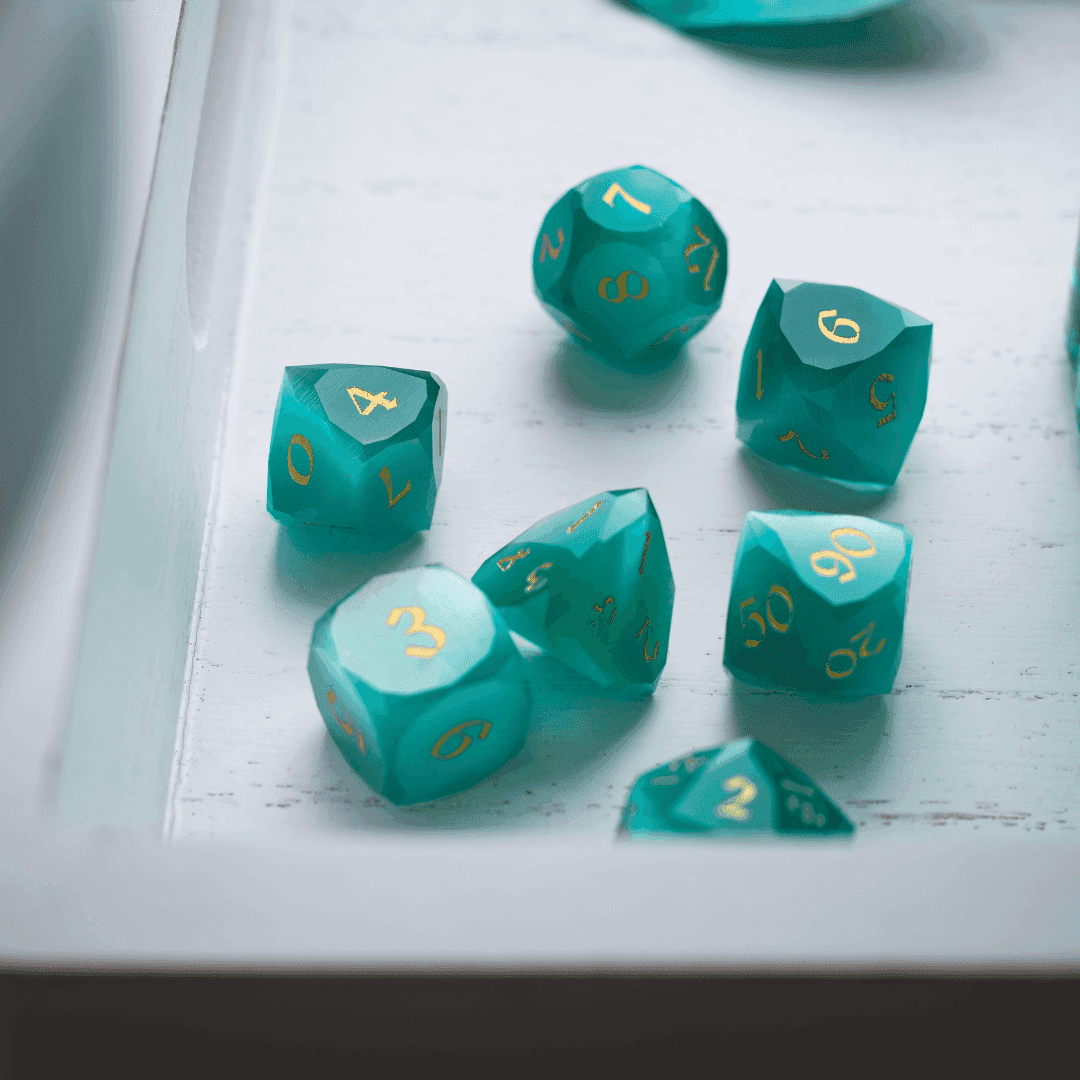 Dwarf Cut Aquamarine Cat’s Eye Gemstone Premium DND Dice Set - Full Set And Free Dice Box