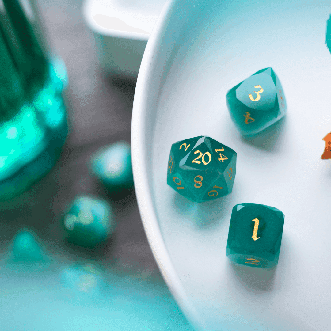 Dwarf Cut Aquamarine Cat’s Eye Gemstone Premium DND Dice Set - Full Set And Free Dice Box