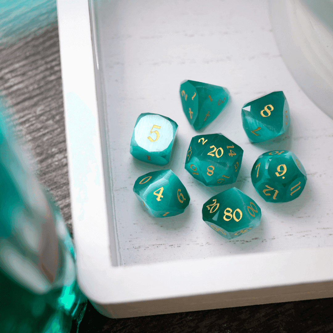 Dwarf Cut Aquamarine Cat’s Eye Gemstone Premium DND Dice Set - Full Set And Free Dice Box