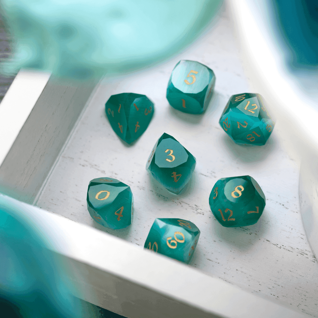 Dwarf Cut Aquamarine Cat’s Eye Gemstone Premium DND Dice Set - Full Set And Free Dice Box