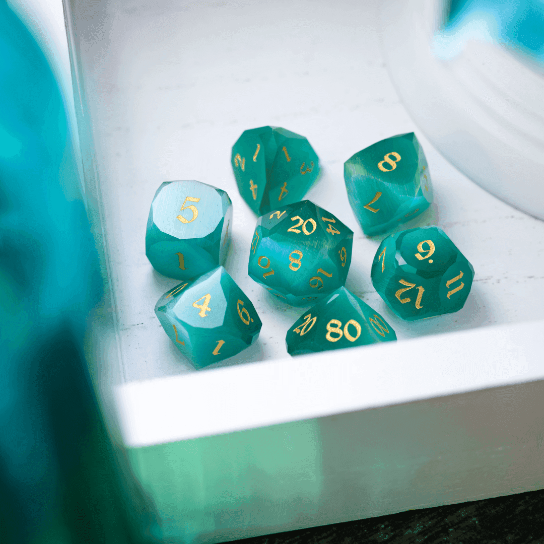 Dwarf Cut Aquamarine Cat’s Eye Gemstone Premium DND Dice Set - Full Set And Free Dice Box
