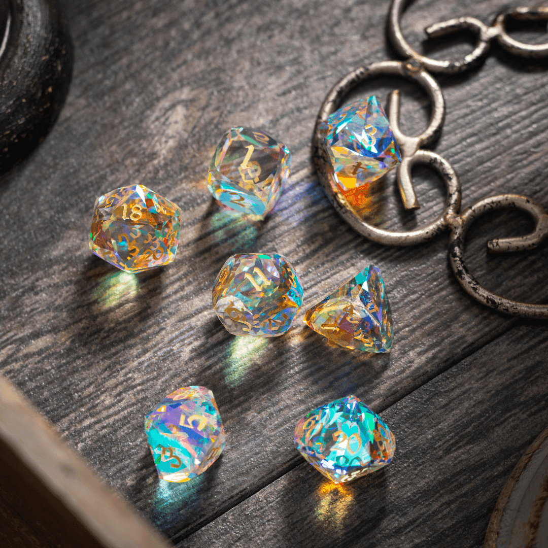 Dwarf Cut Dichroic Glass Premium DND Dice Set - Full Set And Free Dice Box