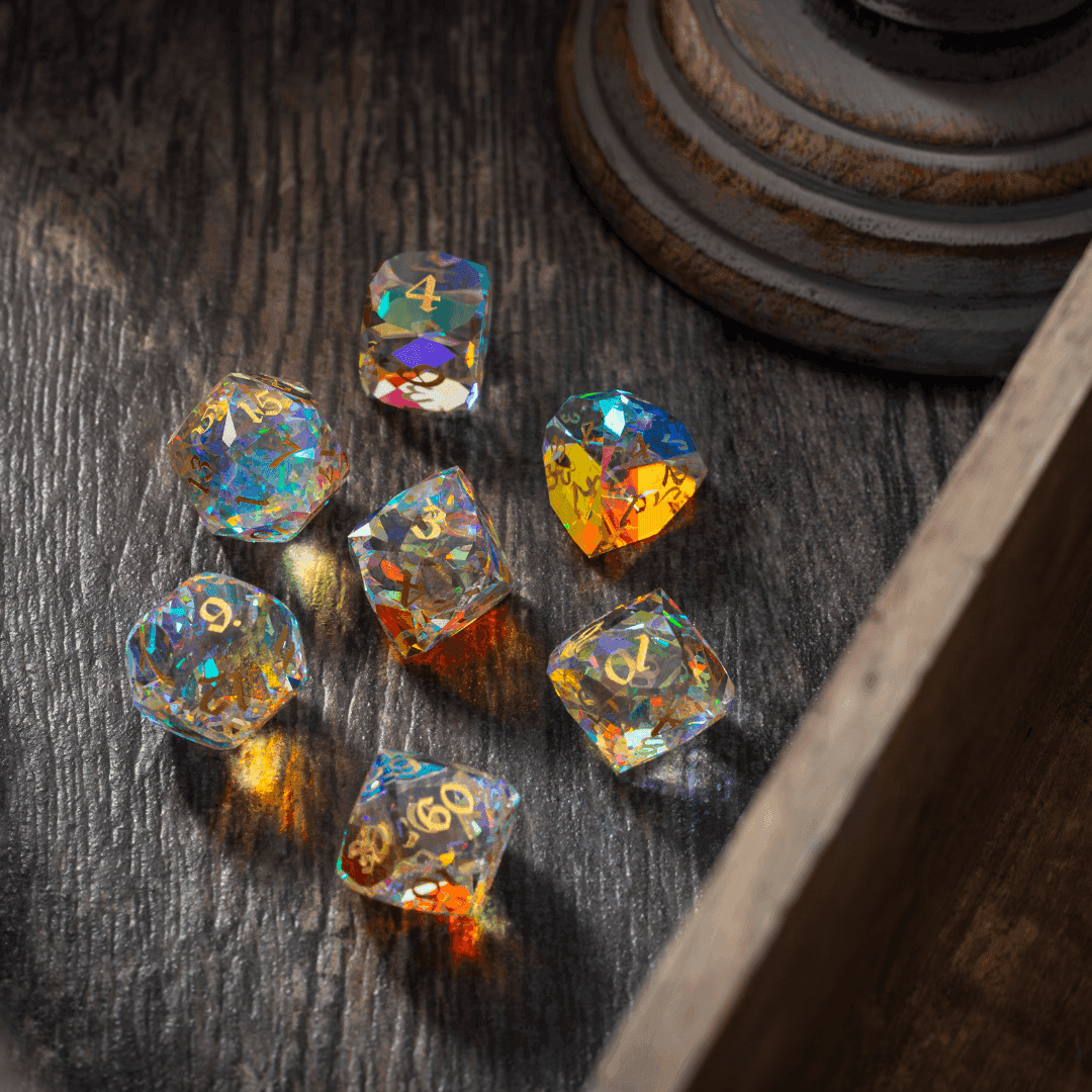 Dwarf Cut Dichroic Glass Premium DND Dice Set - Full Set And Free Dice Box