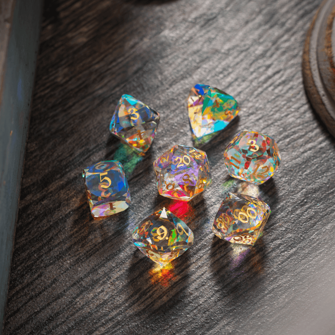 Dwarf Cut Dichroic Glass Premium DND Dice Set - Full Set And Free Dice Box